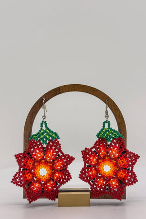 Red Flower Earrings - Huichol Arts