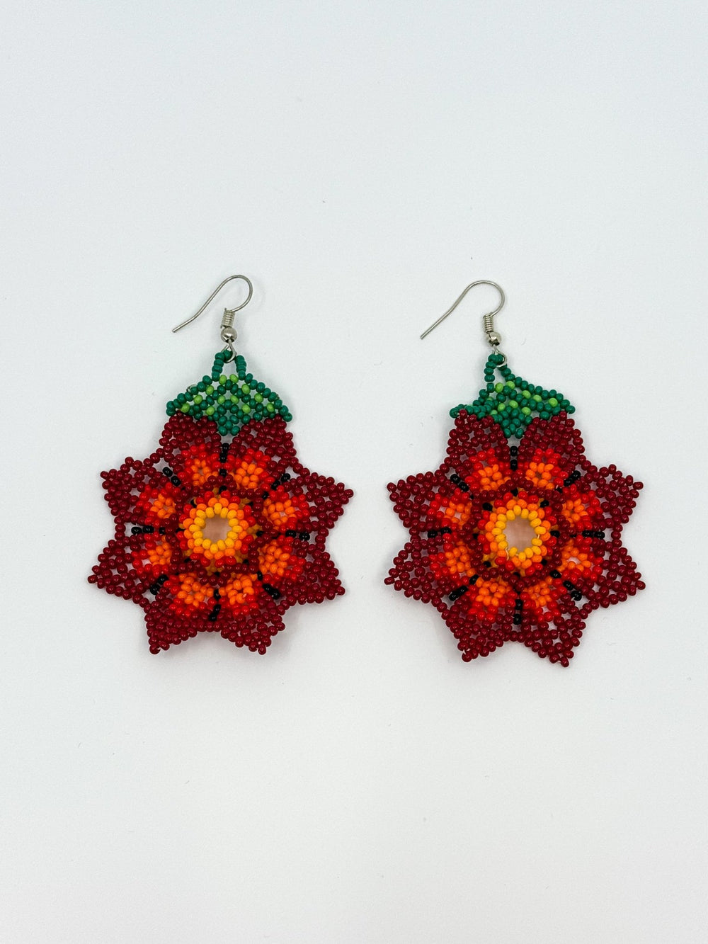 Red Flower Earrings - Huichol Arts